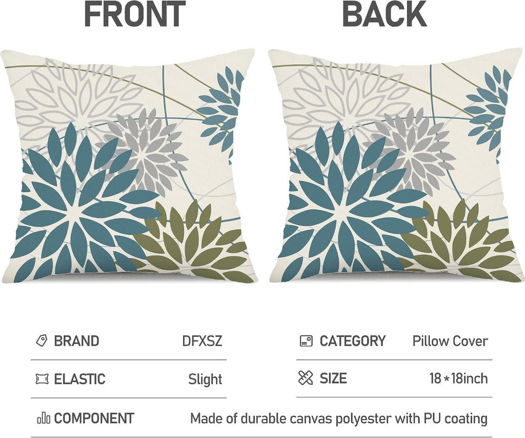 DFXSZ Blue ArmyGreen Floral Outdoor Pillow Covers 16x16 Set of 2 Waterproof