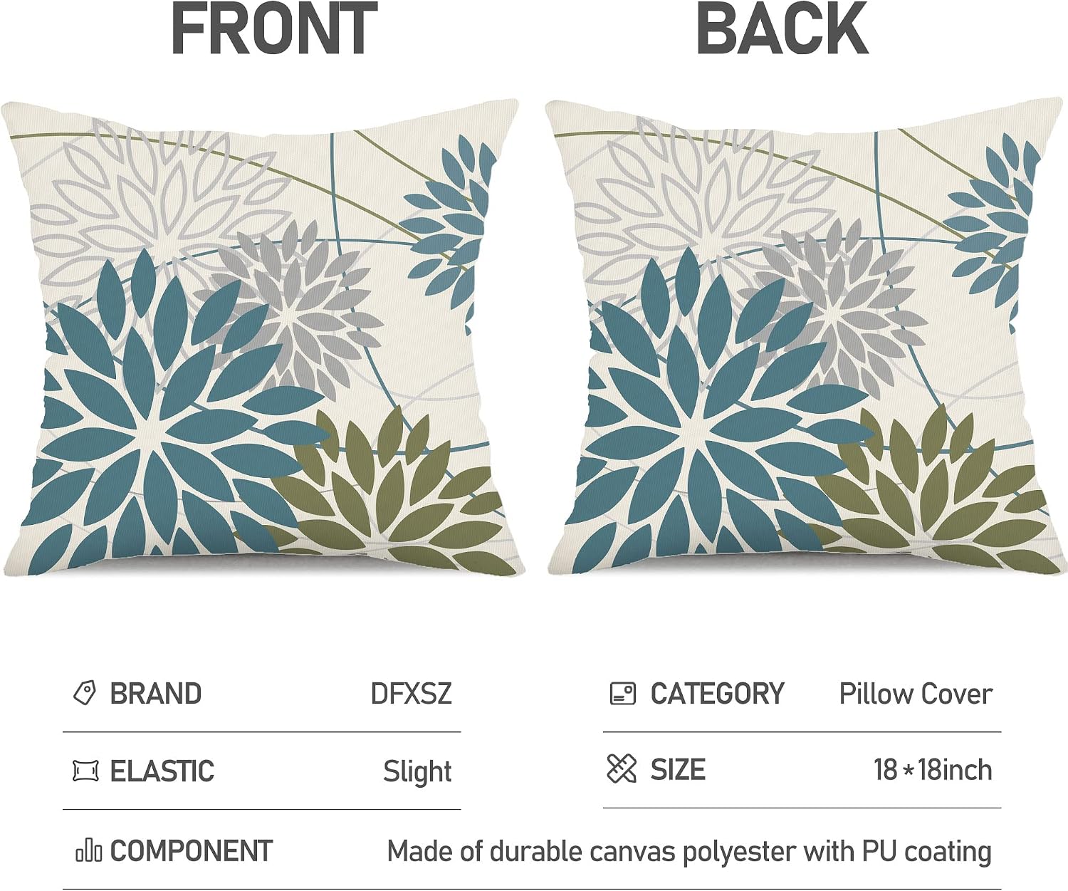 DFXSZ Blue ArmyGreen Floral Outdoor Pillow Covers 16x16 Set of 2 Waterproof
