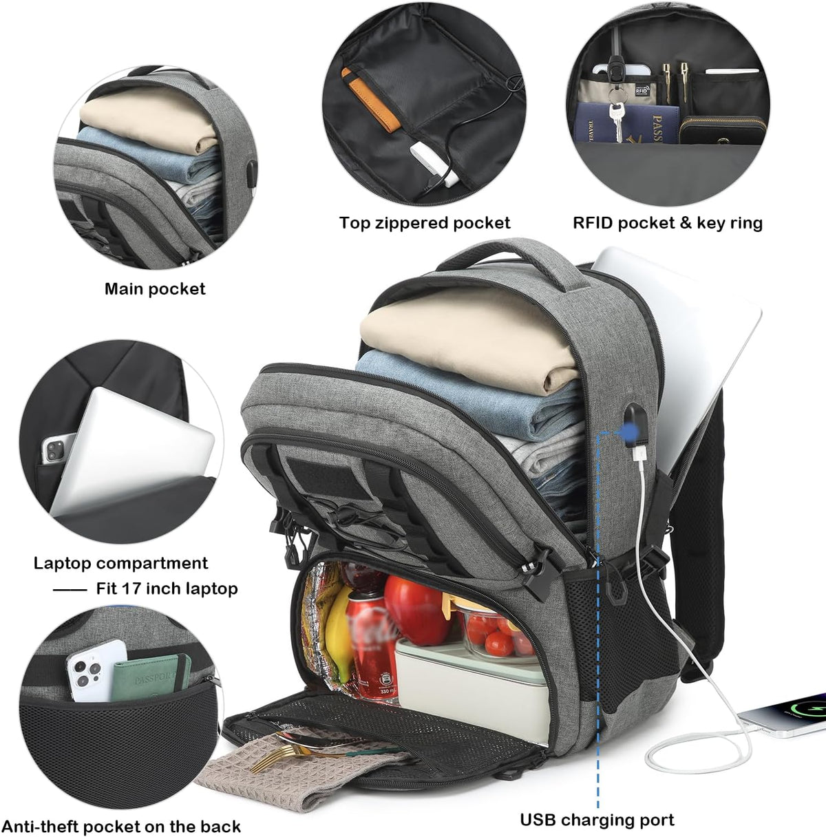 40L Laptop Lunch Backpack for Men with Lunch Compartment and USB Port