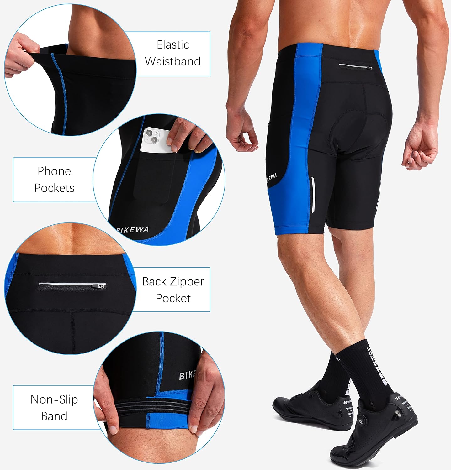 Bikewa Men's Bike Shorts 3D Padded Cycling Road Biking Mountain Riding Biker Bicycle UPF 50+ Cycle Shorts Zipper Pockets