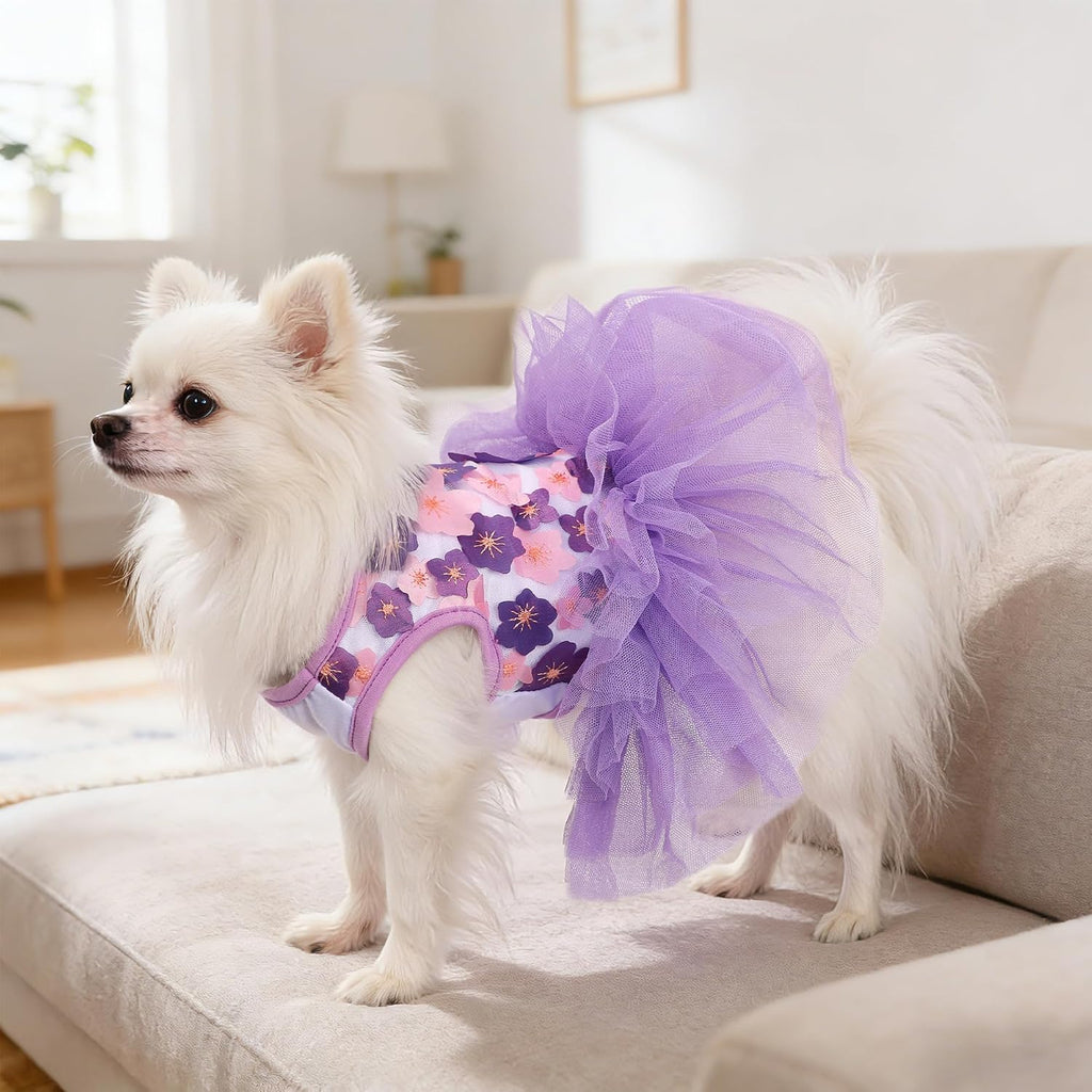 Dog Dress, Fashion Puppy Tutu Princess Dresses for Small Dogs Girl, Sweet Skirt with Dog Bowknot Clips, Spring Dog Cat Clothes Pet Apparel (Purple Floral Dress, XX-Small)