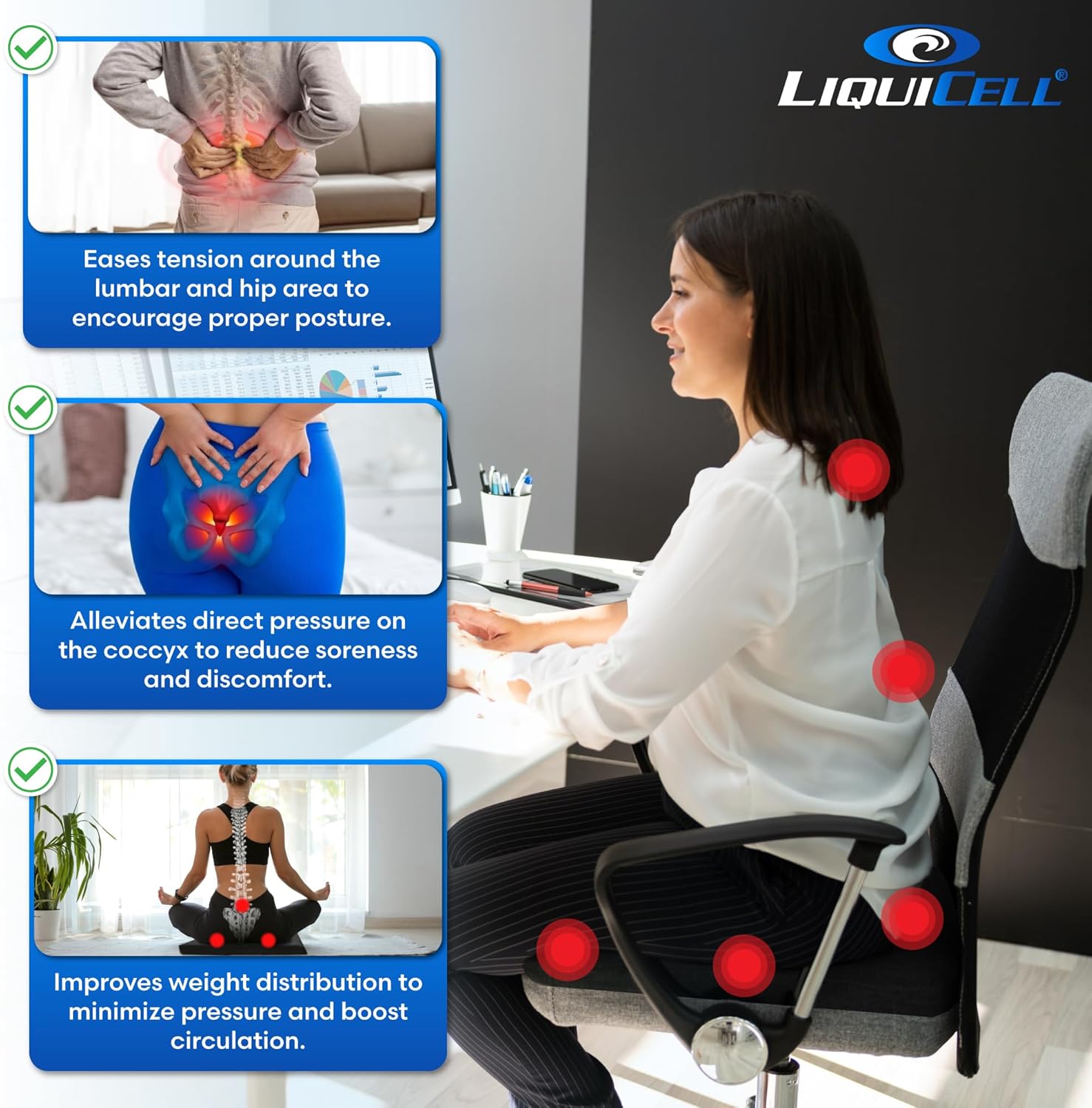 ERGO21 LiquiCell Coccyx Seat Cushion, Aid for Tailbone Pain Relief, Sciatica Pain, Back Support | Donut Like Butt Pillow for Long Hours Sitting at Home/Office Chair (20" W x 18" L x 3.5" H)