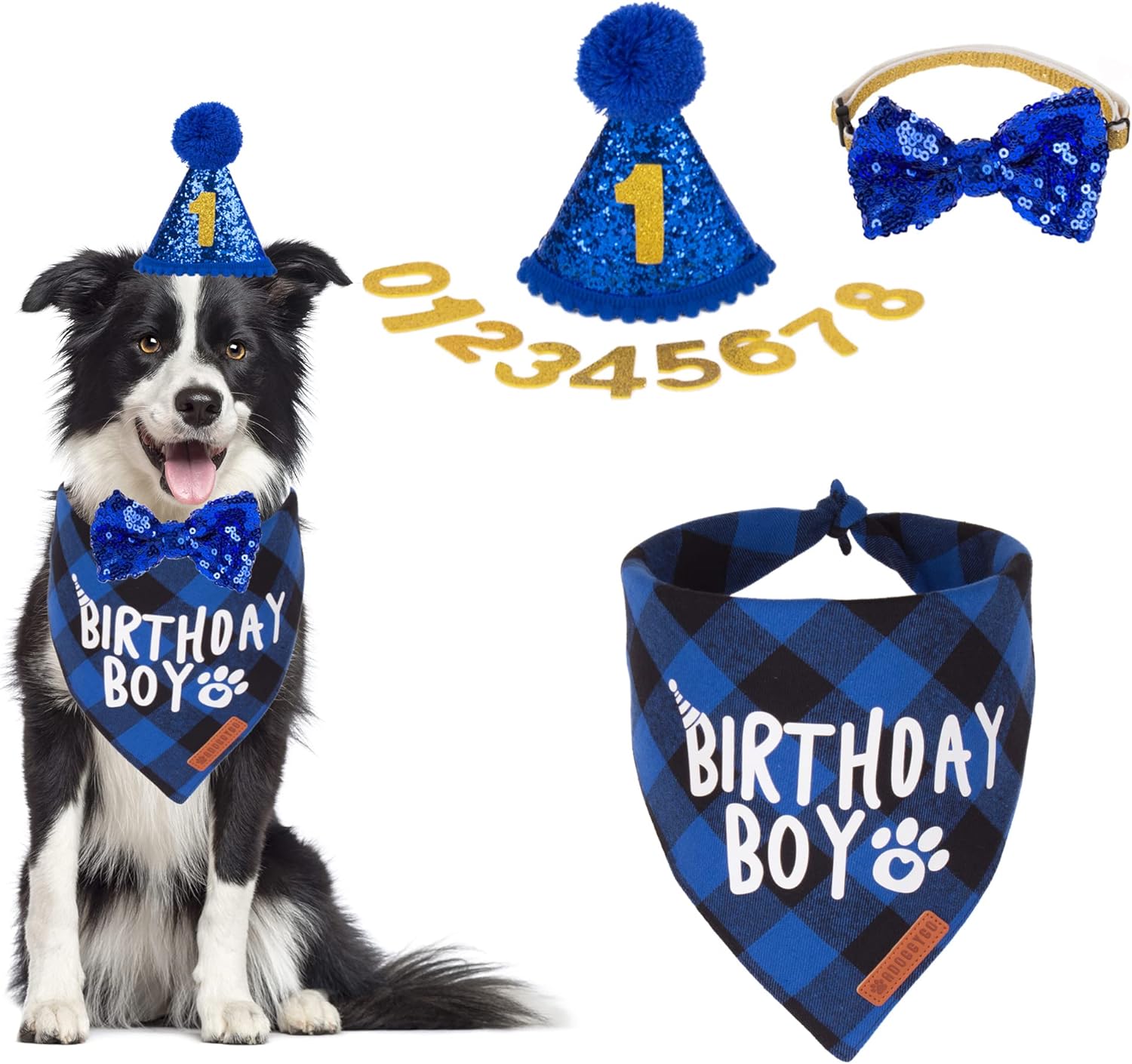 ADOGGYGO Dog Birthday Hat Bandana Set, Blue Plaid Boy Dog Bandana, X-Large