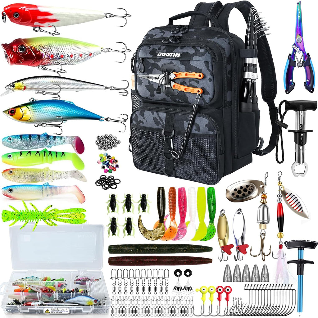 Fishing Backpack with Tackle Boxes & Lures Kit Lightweight 25L Tackle Bag with Fishing Gear and Rod Holder, Fish Gifts for Men Woman-Camo Backpack