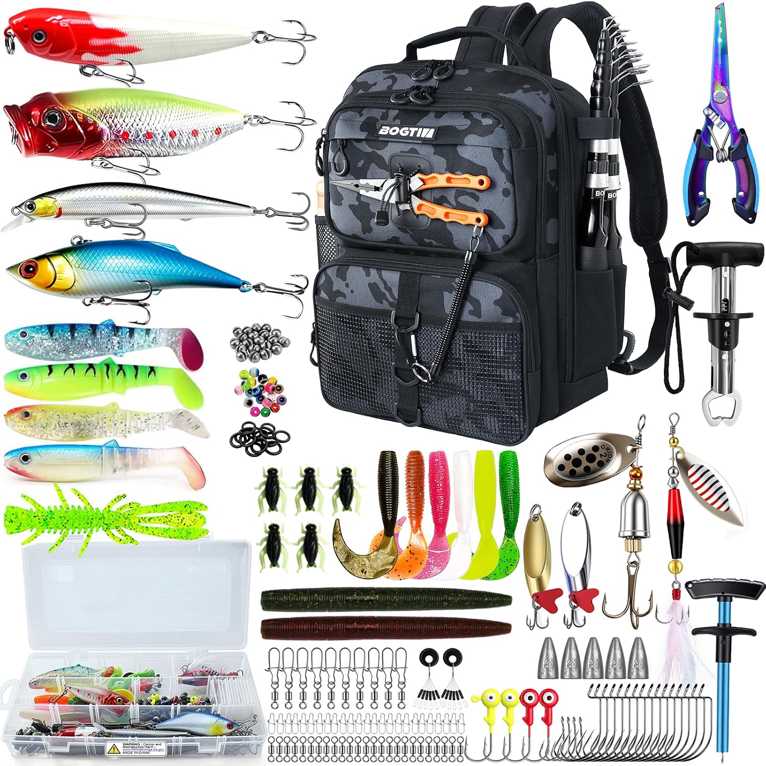 Fishing Backpack with Tackle Boxes & Lures Kit Lightweight 25L Tackle Bag with Fishing Gear and Rod Holder, Fish Gifts for Men Woman-Camo Backpack