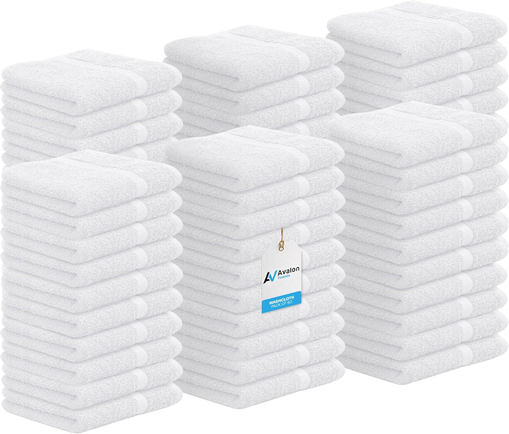 Avalon Towels Cotton Washcloths – (Pack of 60) Size 12x12 Inches, 100% Ring Spun Cotton, Soft & Absorbent Face Towels, Gym Towels, Hotel and Spa Quality, Reusable Fingertip Towels (White)