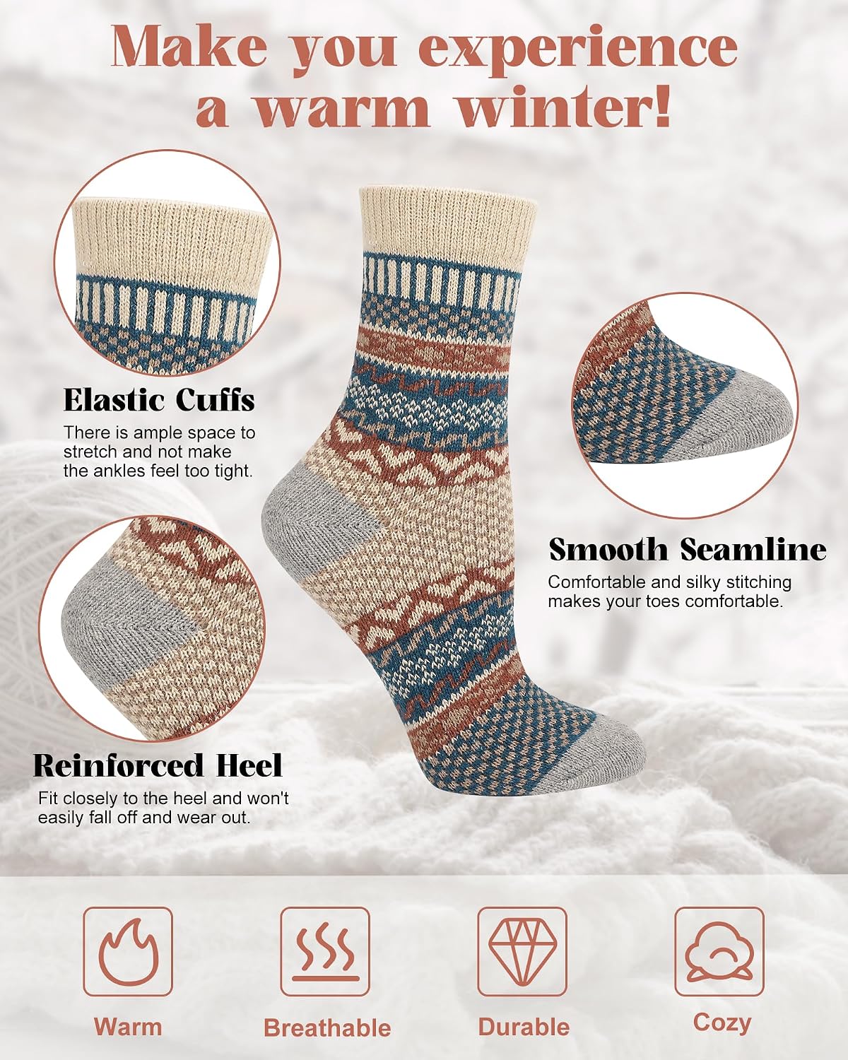 Senker Fashion Wool Socks for Women, 5 Pairs Winter Warm Crew Boot Socks