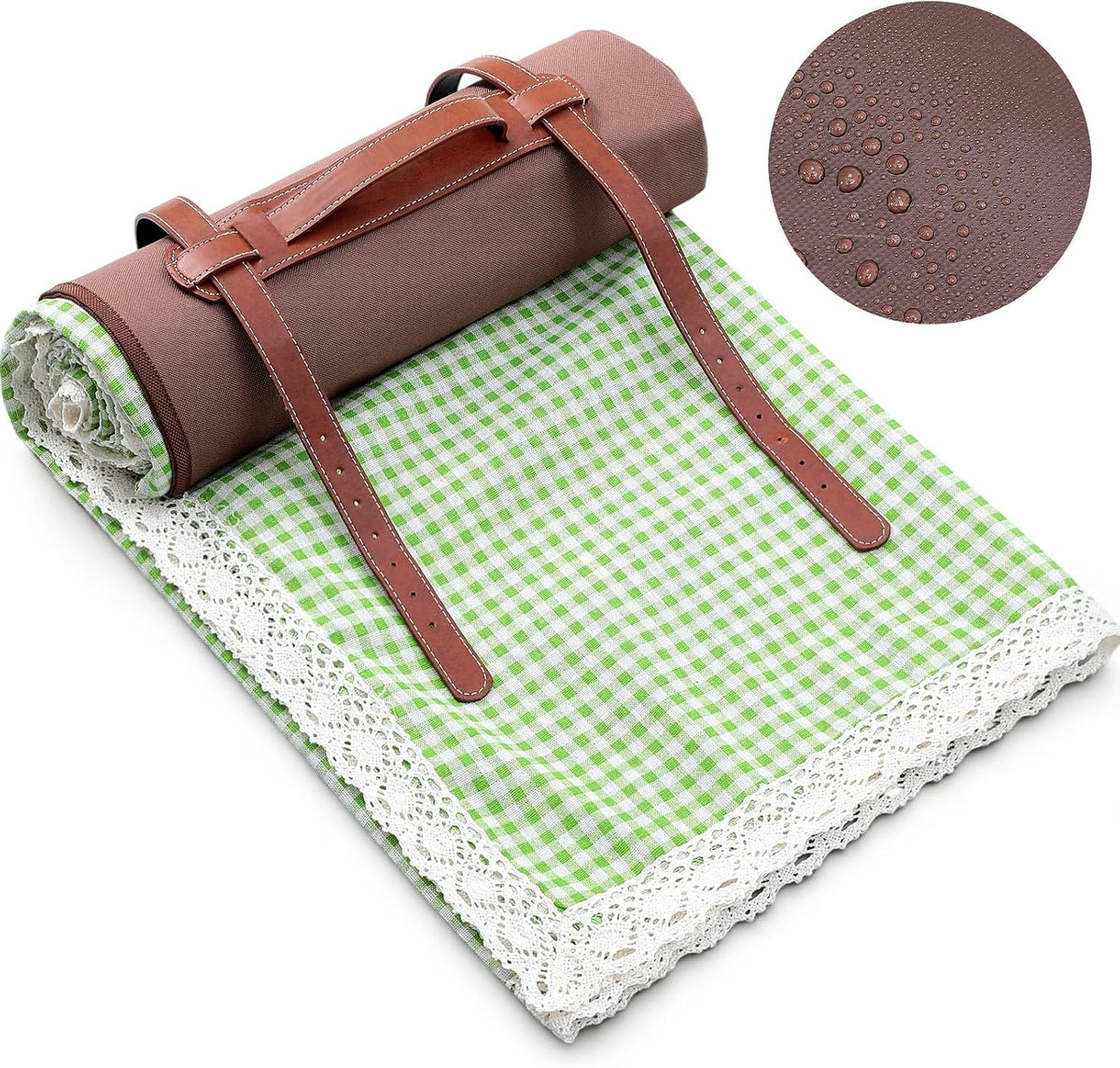 VitalCozy Gingham Picnic Blankets 59x78 in Outdoor Waterproof, Green White