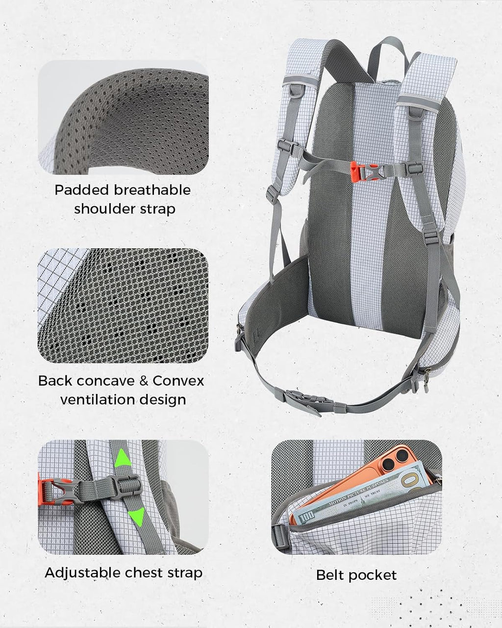 25L Hiking Backpack with Helmet Holder and Rain Cover, Lightweight Camping Travel Day pack Cycling Backpack for Women Men (White)