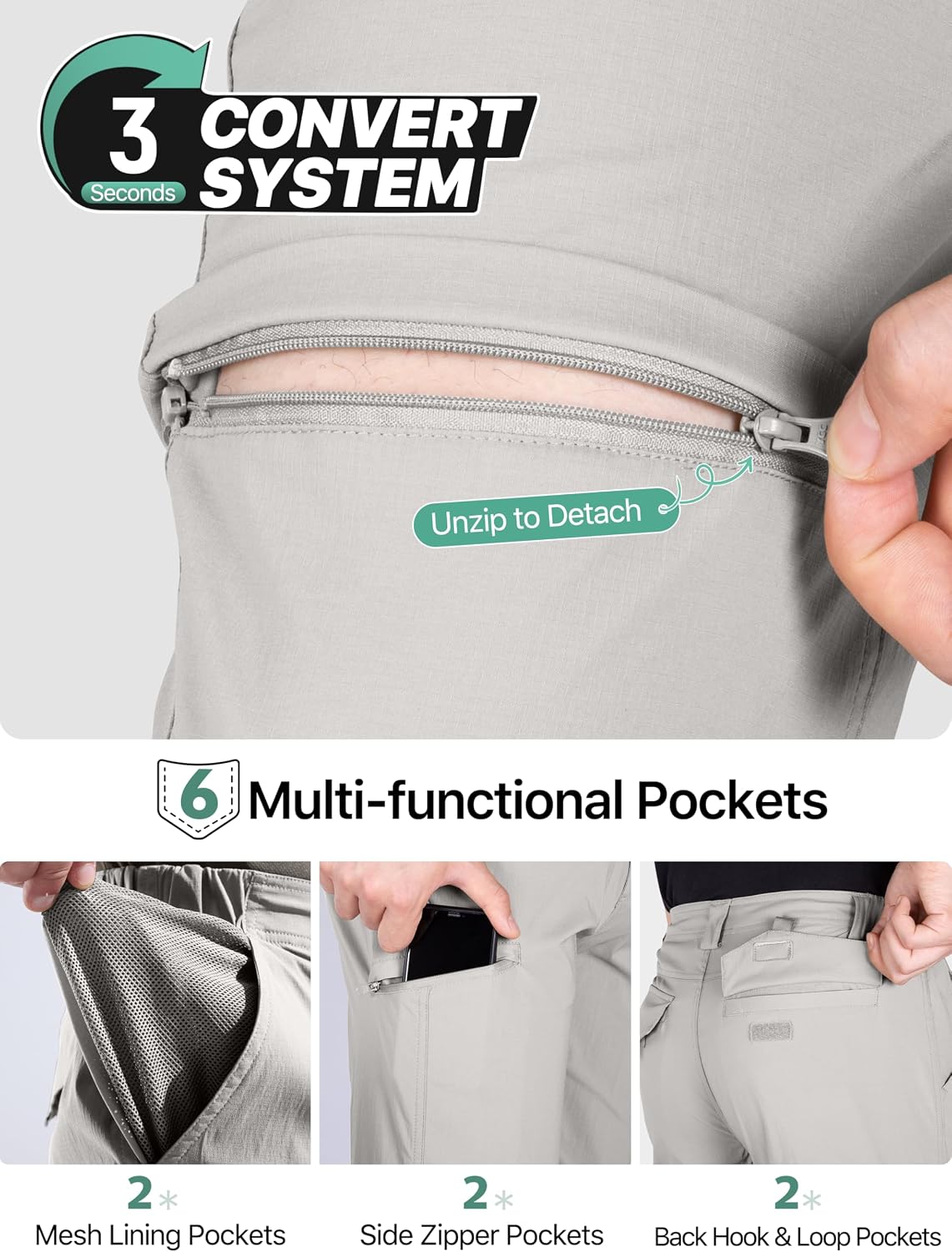 FREE SOLDIER Men's Convertible Hiking Pants Outdoor Lightweight