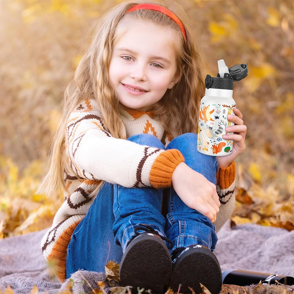 Han's Bottle Kids Water Bottle with Straw Lid - Insulated Stainless Steel Reusable Tumbler for Girls,Boys,Thermo Mug,12oz,Forest Animals