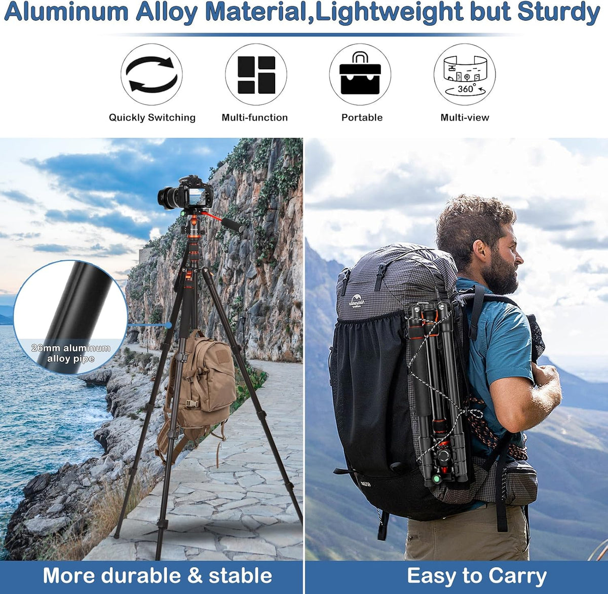 2 in 1 Camera Tripod & Hunting Stand Foldable, 68" Ball Head Tripod for Camera and Phone, Heavy Duty Tripod for DSLR Camera Lasers Binoculars Telescope Spotting Scope, Min Size 16.5" with Bag