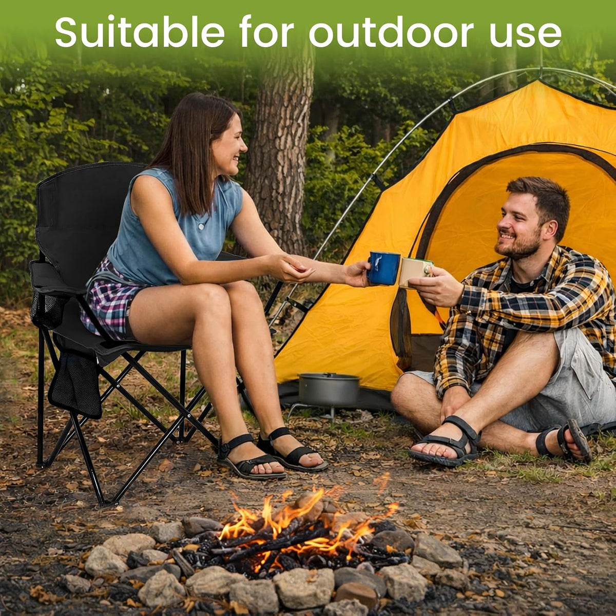 Camping Chair 2 Pack Portable Folding Chair, Supports 300lbs, Black