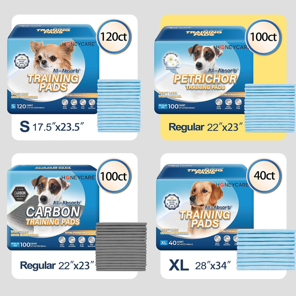 HONEY CARE All-Absorb, X-Large 28" x 34", 40 Count, Dog and Puppy Training Pads, Ultra Absorbent and Odor Eliminating, Leak-Proof 5-Layer Potty Training Pads with Quick-Dry Surface, Blue