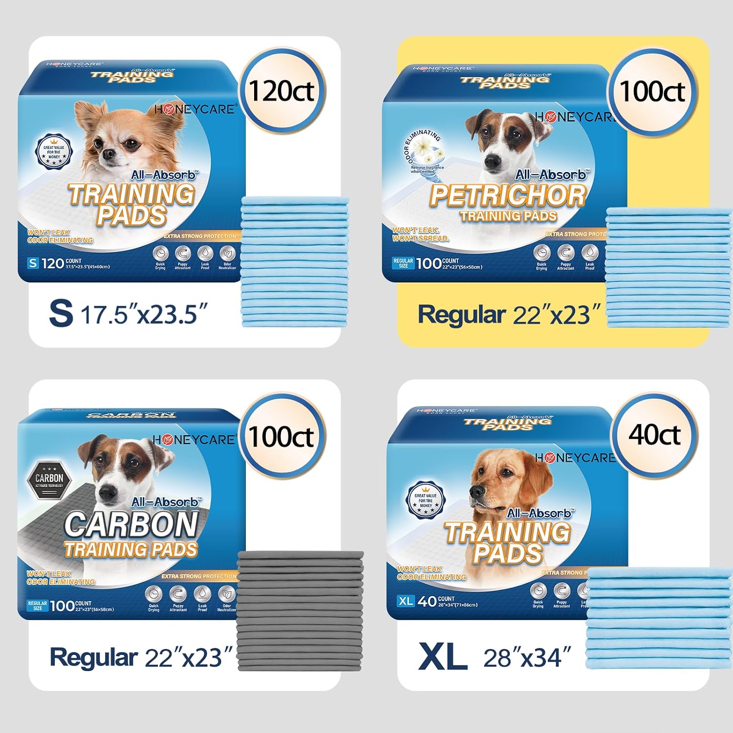 HONEY CARE All-Absorb, X-Large 28" x 34", 40 Count, Dog and Puppy Training Pads, Ultra Absorbent and Odor Eliminating, Leak-Proof 5-Layer Potty Training Pads with Quick-Dry Surface, Blue