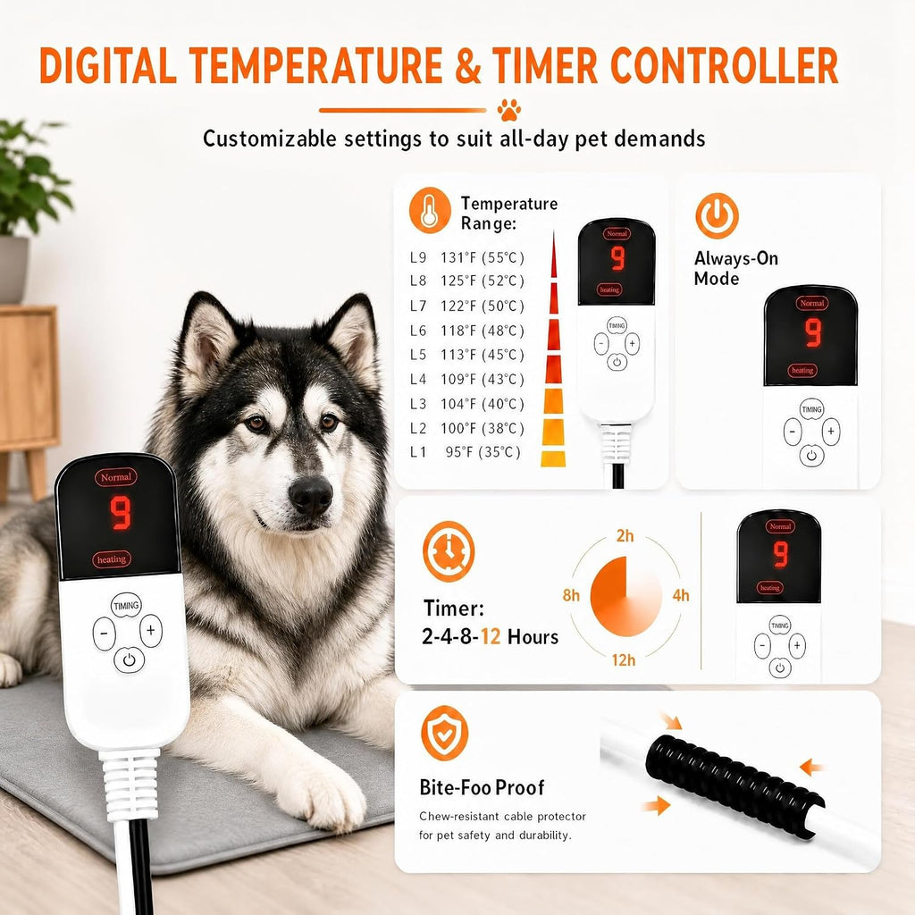 Dog Heating Pad Outdoor 28×18in with Adjustable 9 Temp Setting & Timer