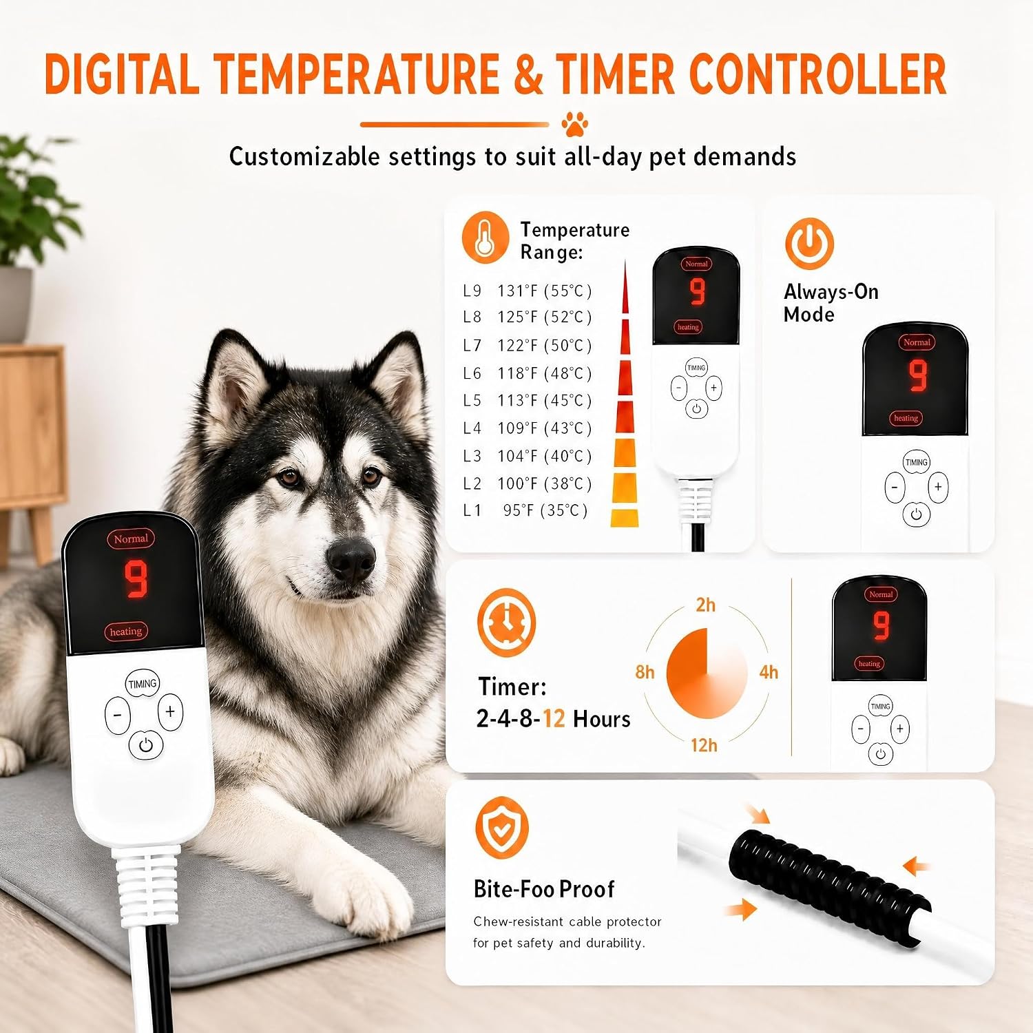 Dog Heating Pad Outdoor 28×18in with Adjustable 9 Temp Setting & Timer