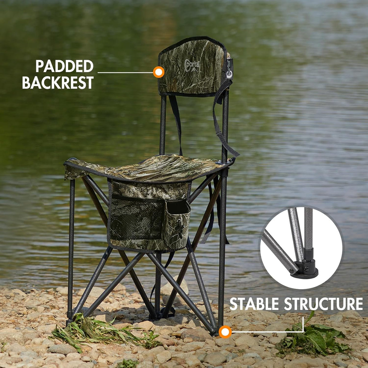 Portal Extra Large Quick Folding Tripod Stool with Backrest Fishing Camping Chair with Carry Strap