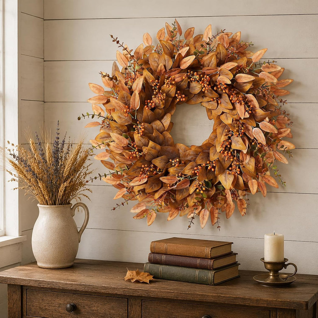 26" Fake Fall Eucalyptus Wreath with Berry for Front Door Decor(Orange) | Artificial UV-resistant Outdoor Wreath, Faux Eucalyptus Leaves Plant for Home/Porch/Window/Wall/Farmhouse/Autumn Decor