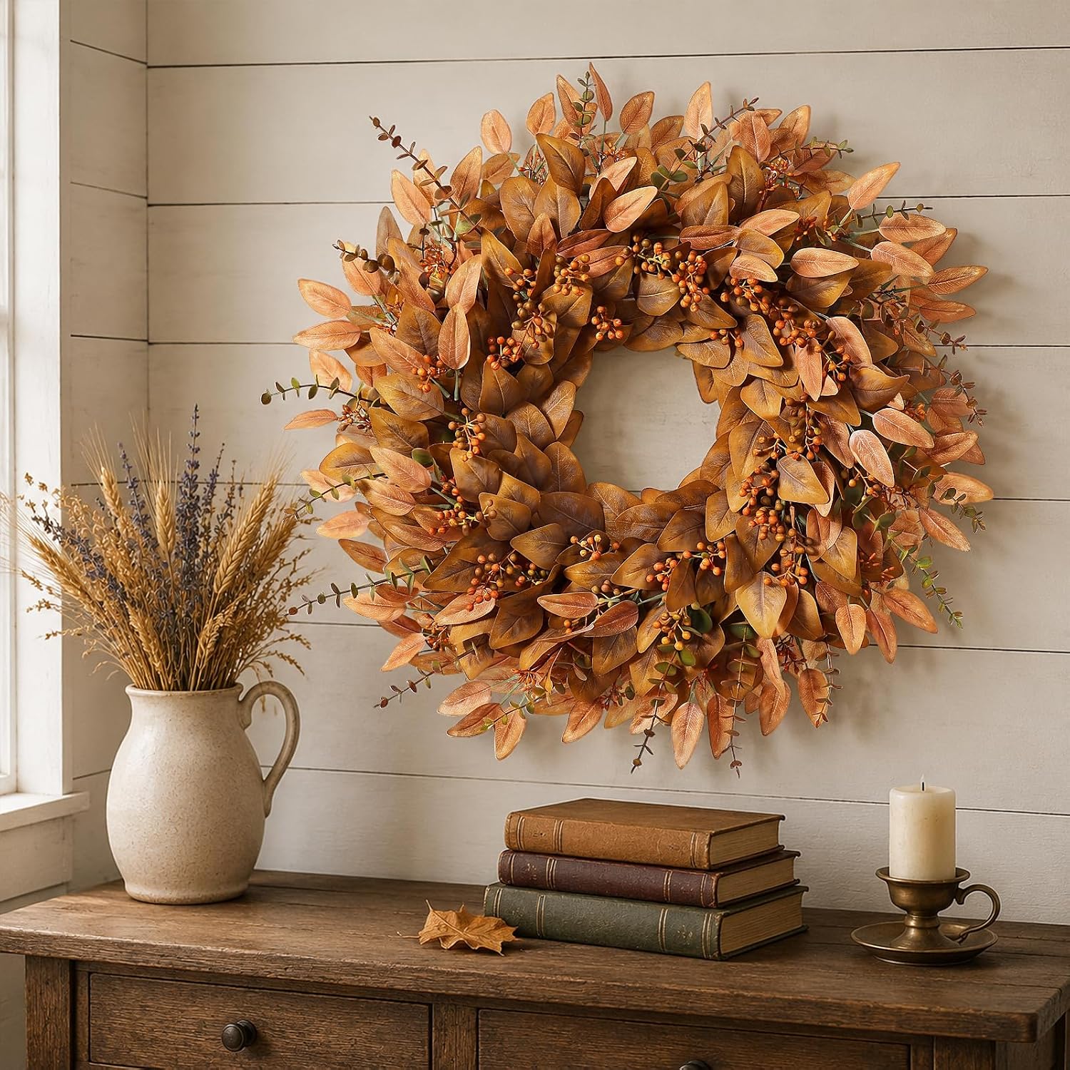 26" Fake Fall Eucalyptus Wreath with Berry for Front Door Decor(Orange) | Artificial UV-resistant Outdoor Wreath, Faux Eucalyptus Leaves Plant for Home/Porch/Window/Wall/Farmhouse/Autumn Decor