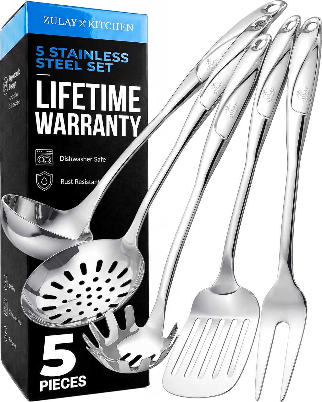 Zulay Kitchen Stainless Steel 5 Piece Cooking Utensil Set