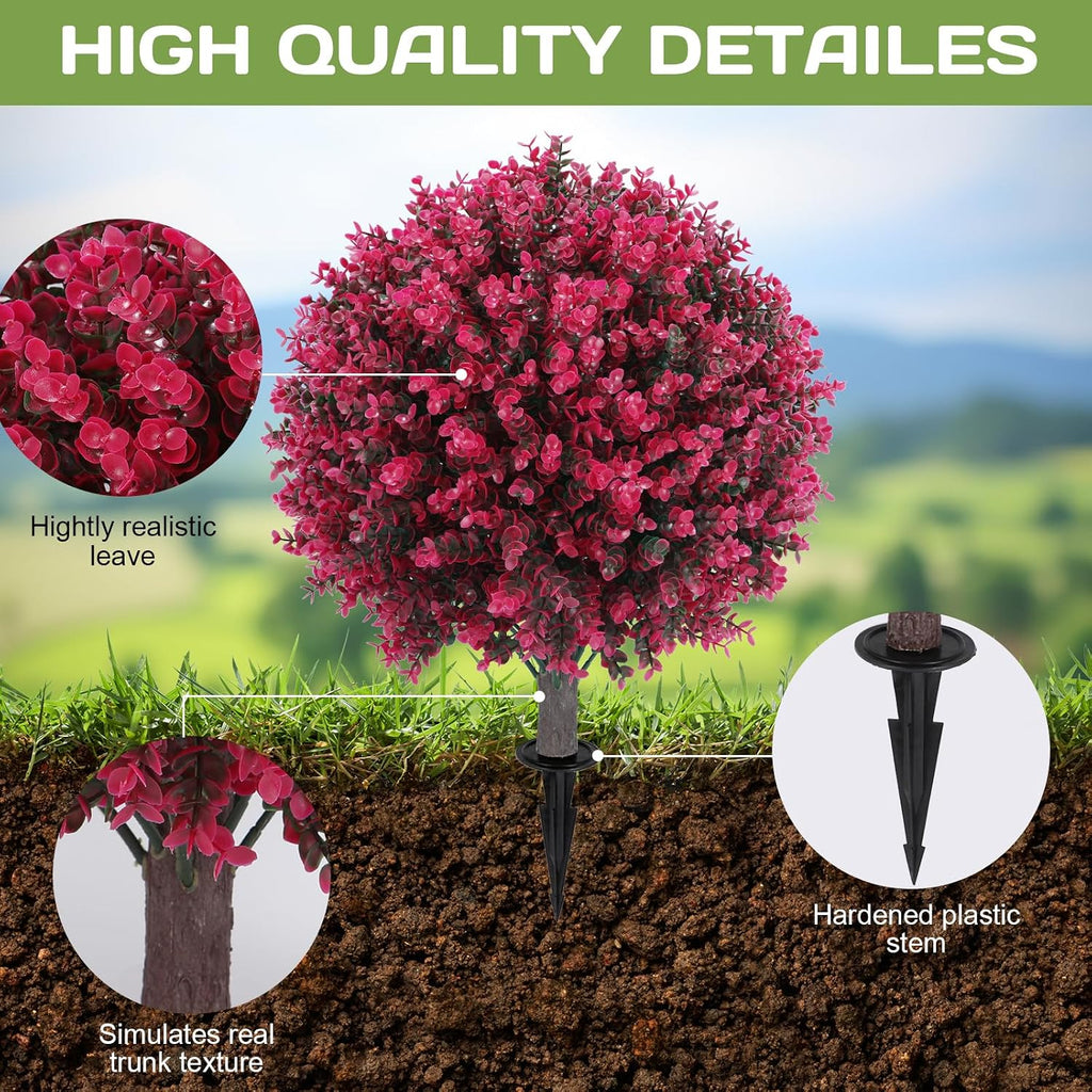 Artificial Red Eucalyptus Topiary Ball Tree 24" with Ground Spike, Set of 2 Artificial Boxwood Bushes for Faux Shrubs, Fake Evergreen Faux Plant for Indoor Outdoor Garden -UV Resistant–Fade-Proof