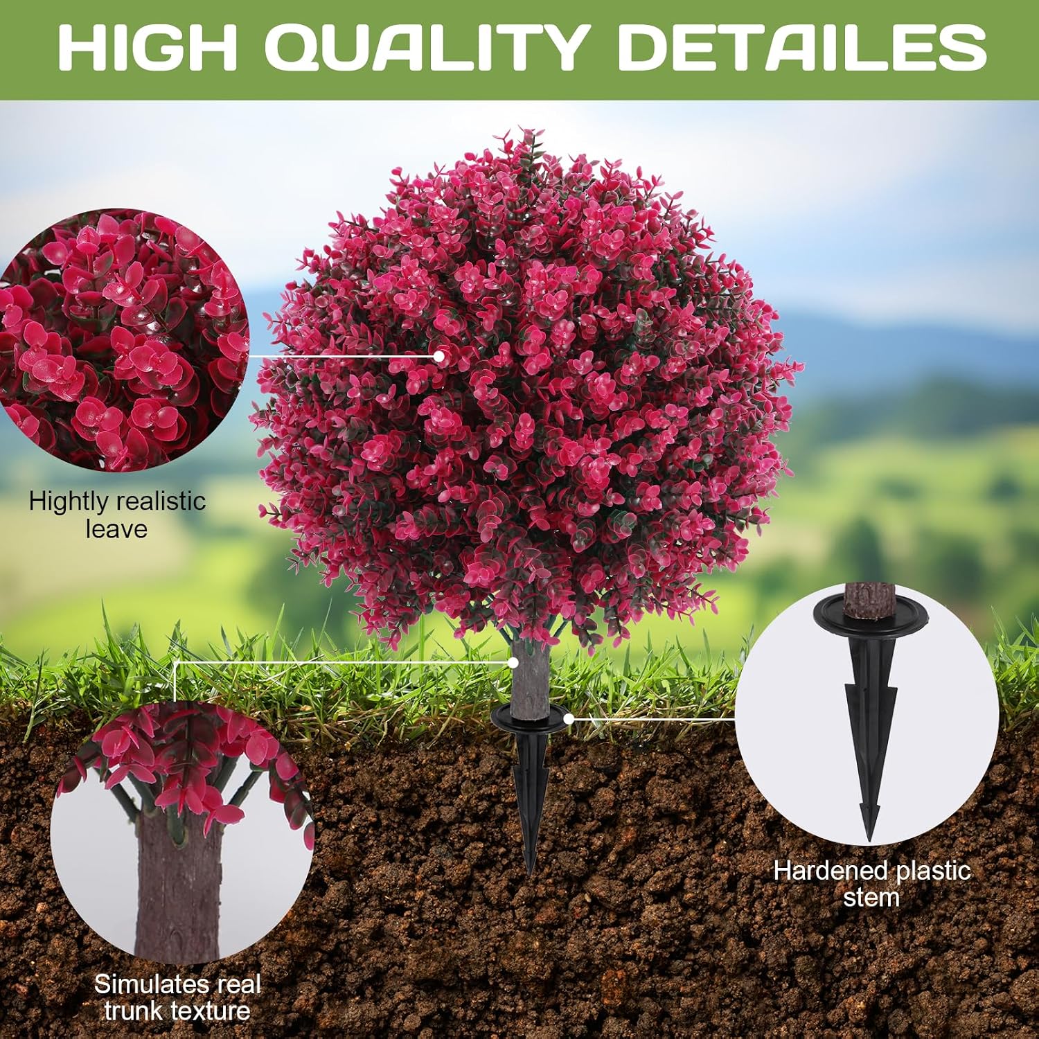 Artificial Red Eucalyptus Topiary Ball Tree 24" with Ground Spike, Set of 2 Artificial Boxwood Bushes for Faux Shrubs, Fake Evergreen Faux Plant for Indoor Outdoor Garden -UV Resistant–Fade-Proof