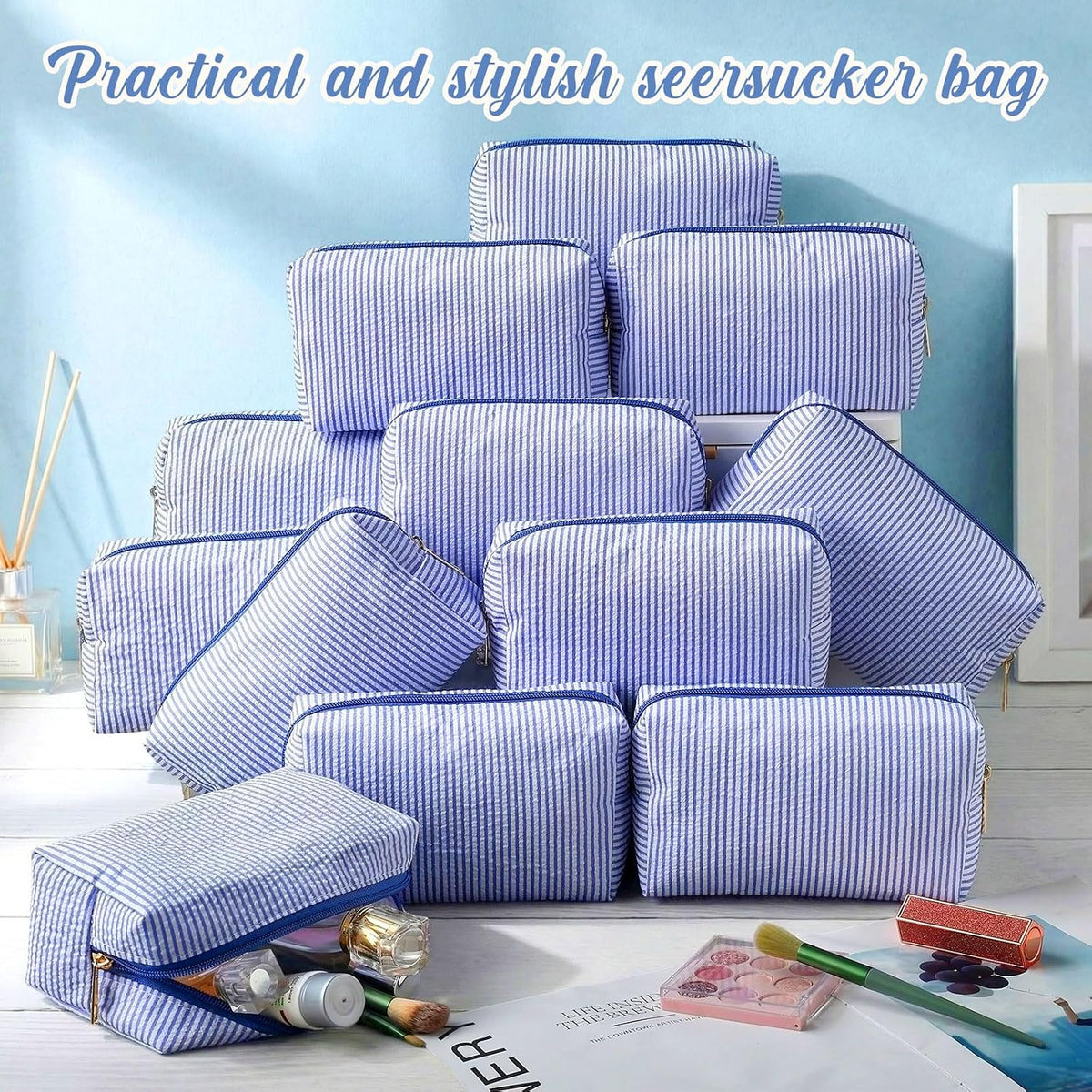 Sanwuta 12 Pcs Seersucker Cosmetic Bags Bulk, Striped Zippered,Blue