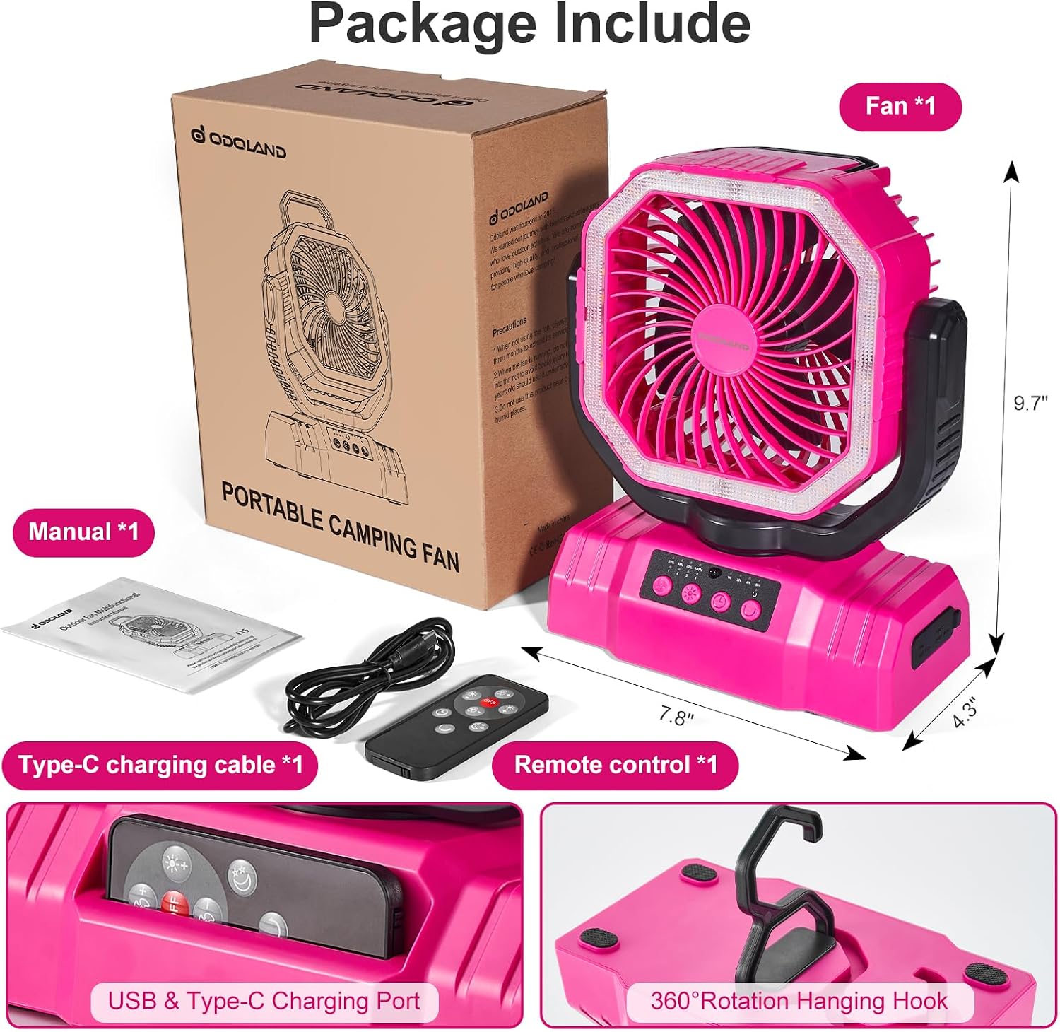 Odoland Portable Camping Fan with Light, 20000mAh Rechargeable Battery Fan