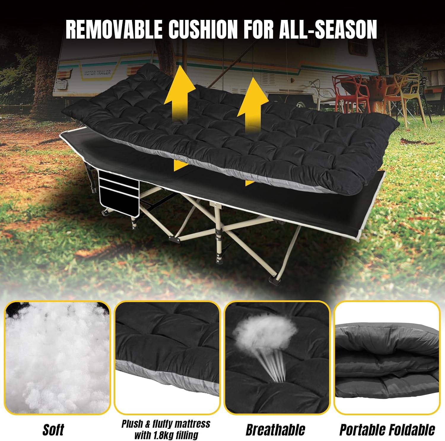 YELLOW JACKET Folding Camping Cot for Adults,600LBS Max Load,28" Wide Sleeping Cot with Removable Thick Mattress Portable Foldable Camping Bed with Carry Bag for Camp,Home,Office,Travel,Black
