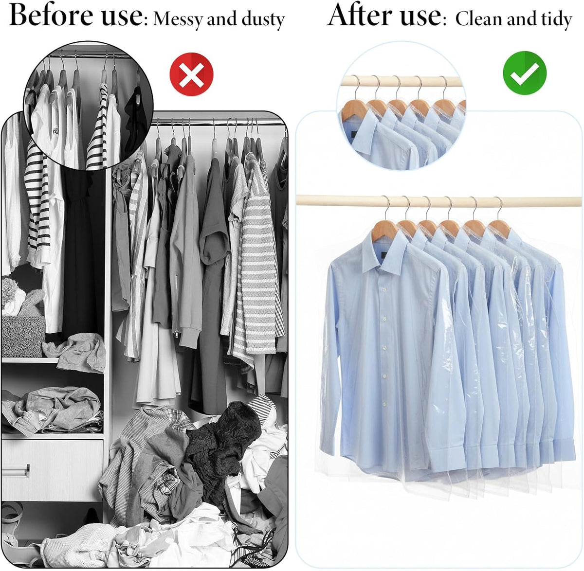 100 Pack Plastic Garment Bag, Dry Cleaning Bags, Plastic Clear Dry Cleaner Laundry Bags Transparent Coat Suit Dust Cover Protector Bag for Dry-Cleaner, Home Storage, Travel, Moving,60x100cm,60x130cm