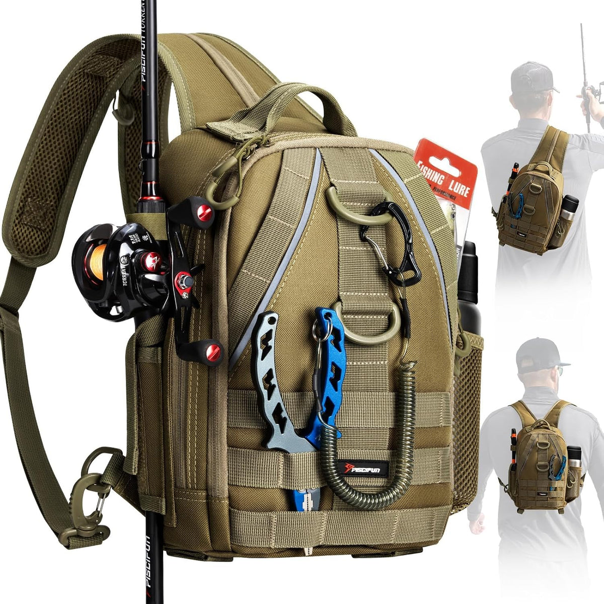Piscifun Fishing Backpack, Rod Holders, Lightweight Sling Bag, Khaki