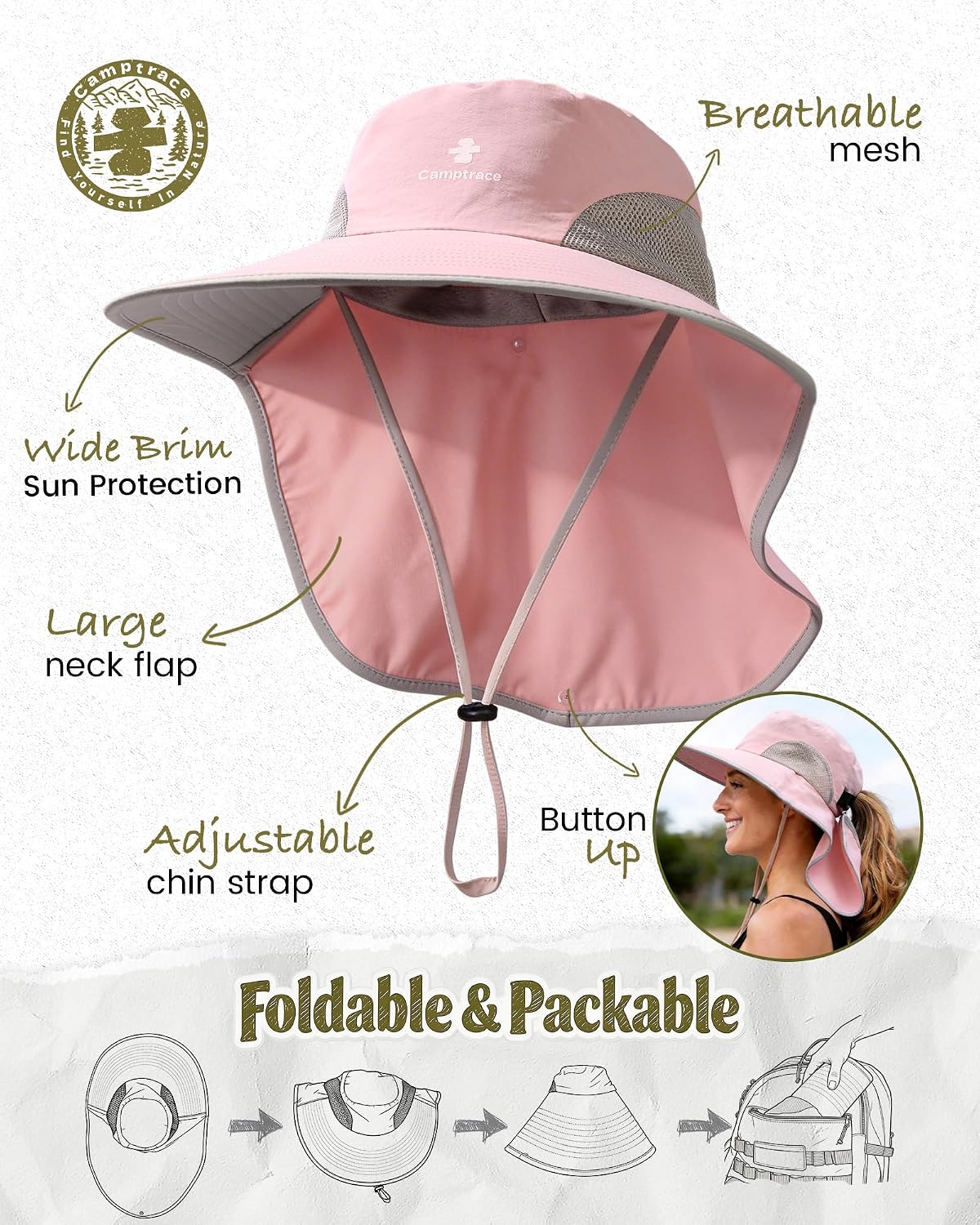 Camptrace Sun Hats for Women Men with Neck Flap UV Protection Wide Shade