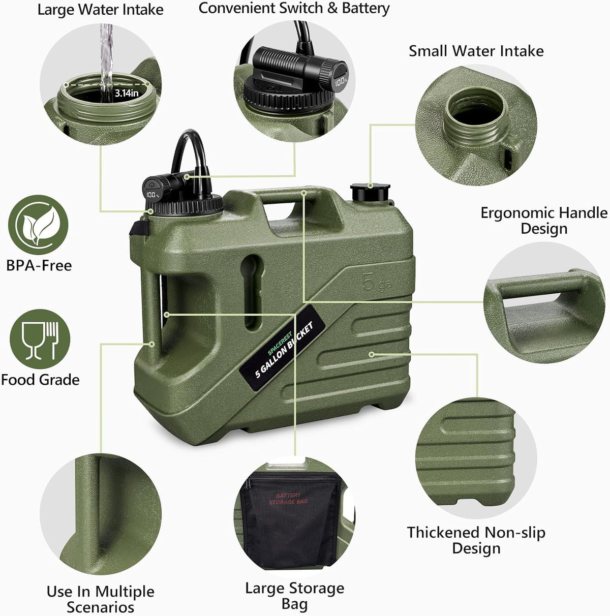 SPACEREST Portable Shower for Camping, 5-Gallon Water Tank, 1 Battery