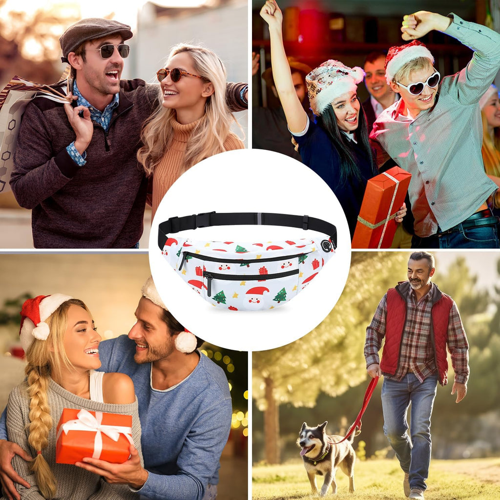 MAXTOP Large White Christmas Fanny Pack with 4-Zipper Pockets, Christmas Gifts for Enjoy Festival Sports Workout Traveling Running Casual Hands-Free Waist Pack Crossbody Phone Bag Carrying All Phones