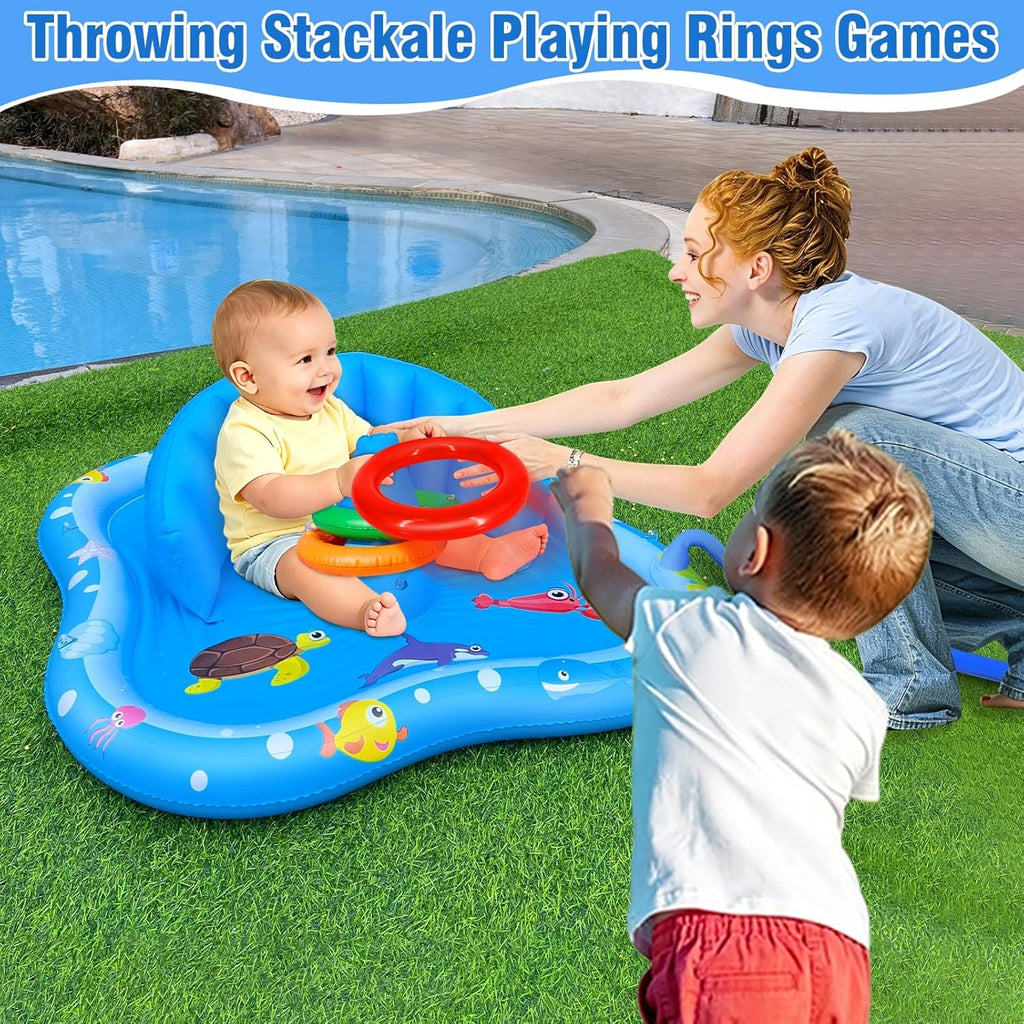 Baby Play Mat with Sprinkler, Pool Floats with Canopy for Age 6-36 Months | Inflatable Kiddie Pool with Backrest & Stackable Rings Water Sprinkler for Kids Outdoor Water Play Toys,Backyard Water Games
