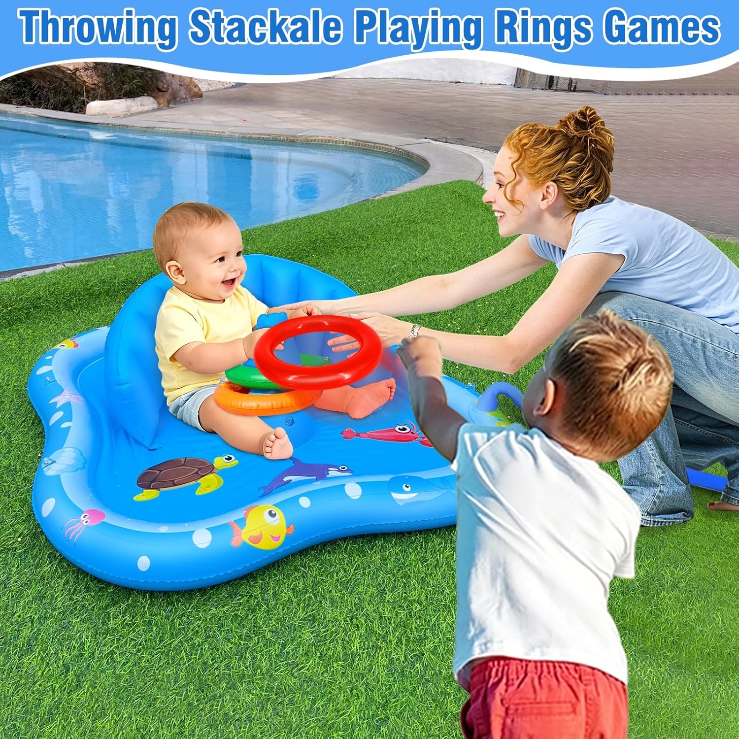 Baby Play Mat with Sprinkler, Pool Floats with Canopy for Age 6-36 Months | Inflatable Kiddie Pool with Backrest & Stackable Rings Water Sprinkler for Kids Outdoor Water Play Toys,Backyard Water Games