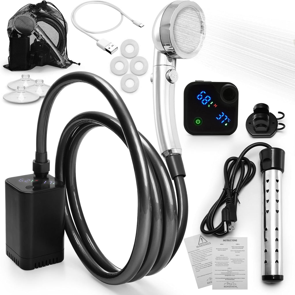 Outdoor Portable Shower with Immersion Water Heater – Low Noise Portable Camping Shower with LED Display, 3 Adjustable Water Levels – Heated Portable Shower Kit for Travel, Pets, Hiking, and Camping