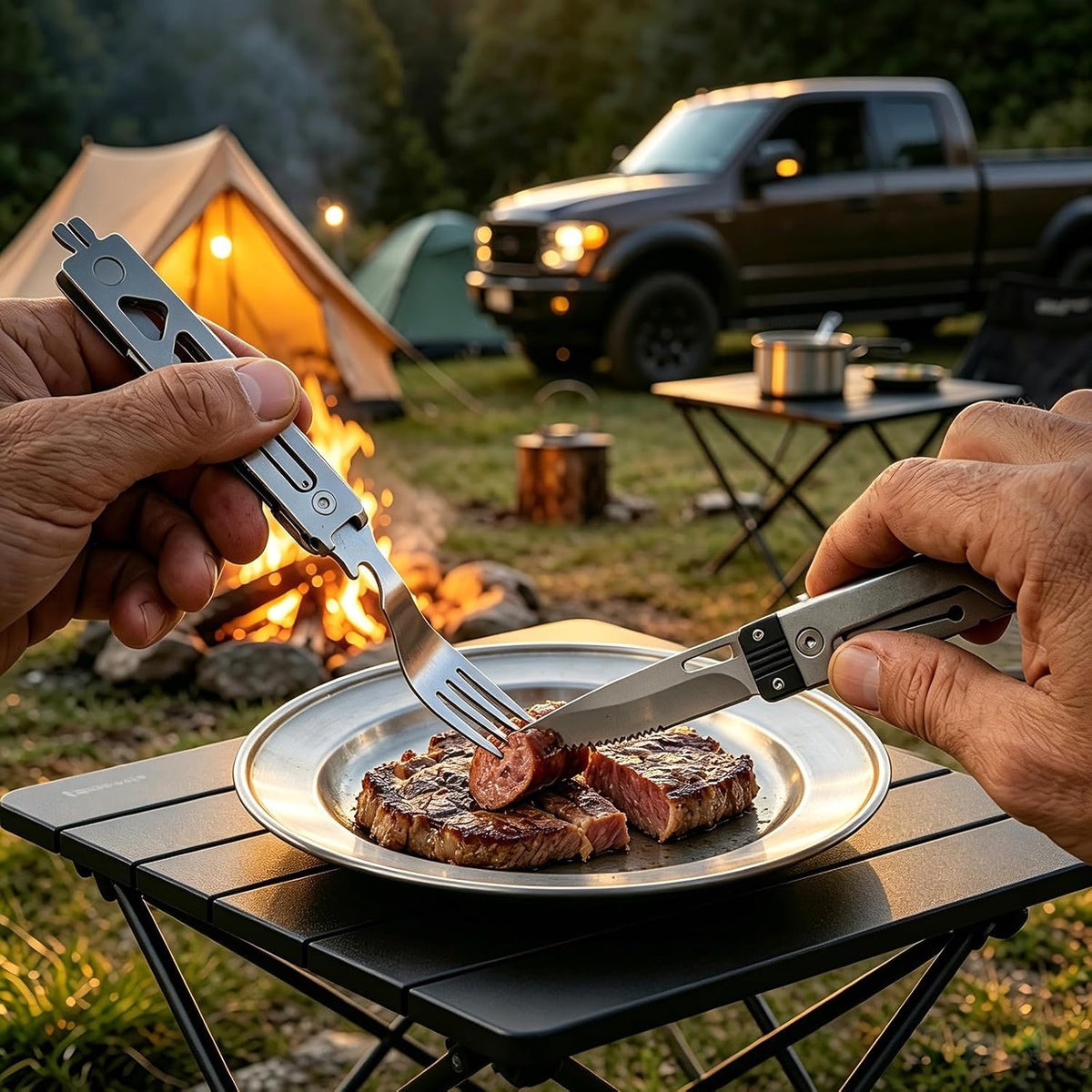 5-in-1 Camping Utensils Set with Pouch Folding Fork Spoon Knife