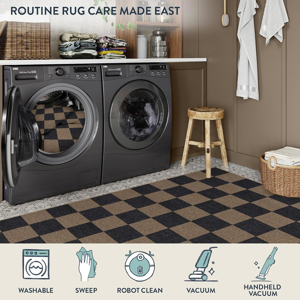 Lahome Checkered Easy Jute Living Room Rugs, 5x7 Outdoor Patio Rug Washable