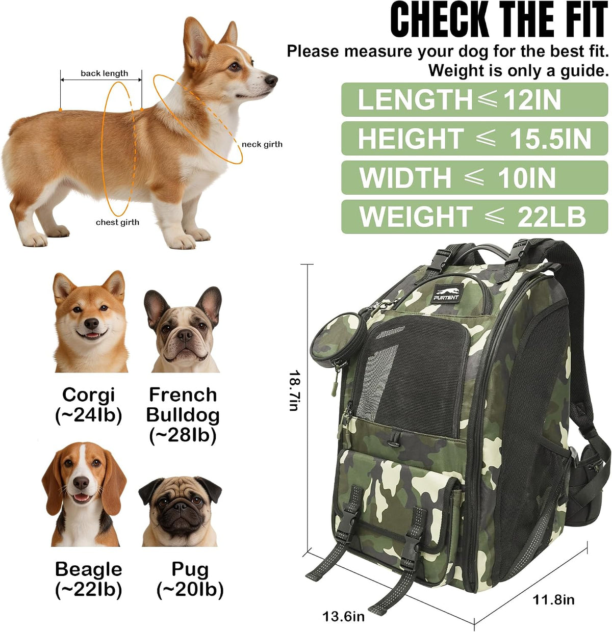 Dog Backpack Carrier for Hiking, Supportive Small Dog Carrier Up to 20 lb