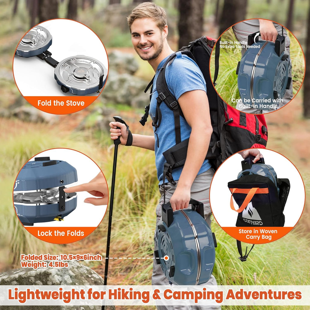 Cofiyard 20,000 BTUs 2 Burner Propane Camping Stove, Portable Folding Camp Stove with Adjustable Burners, Built-in Ignition and Carrying Bag, Dual Gas Stoves for Tailgating, Camping, BBQ Overland Grey