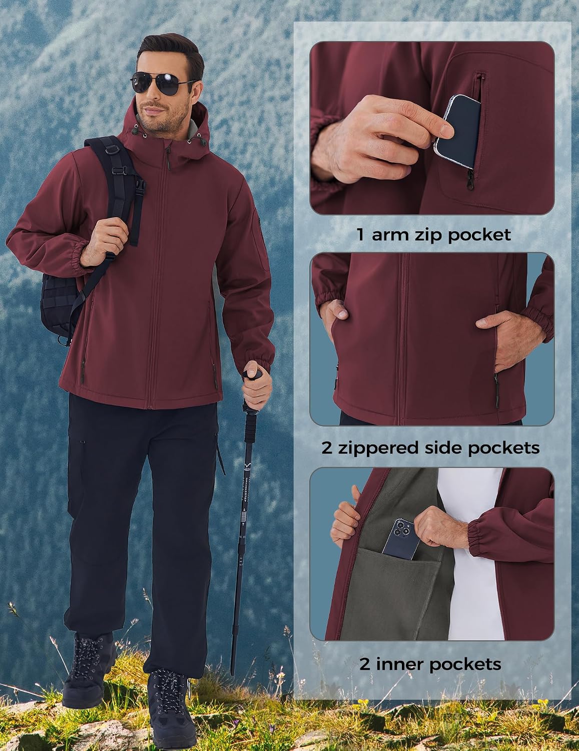COOFANDY Men's Hooded Softshell Jacket Waterproof Fleece Lined Windbreaker Lightweight Outdoor Hiking Jacket