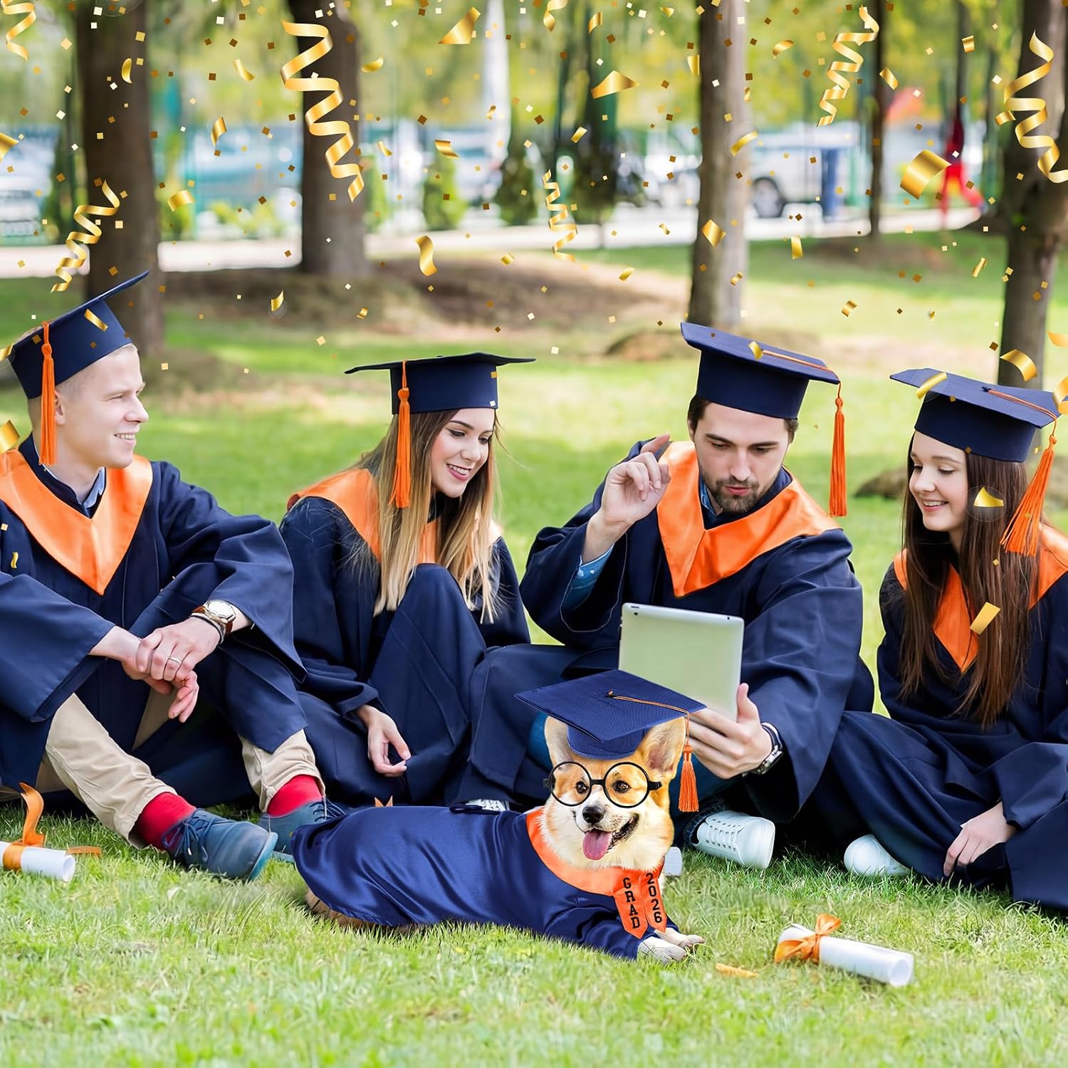 Huhumy 5 Pcs Dog Graduation Costume Set Include 2026 Pet Graduation Gown with Stole Puppy Grad Cap Lensless Glasses DIY Letter Stickers for Dogs Cats Holiday Costume Accessory(Blue Orange,S)