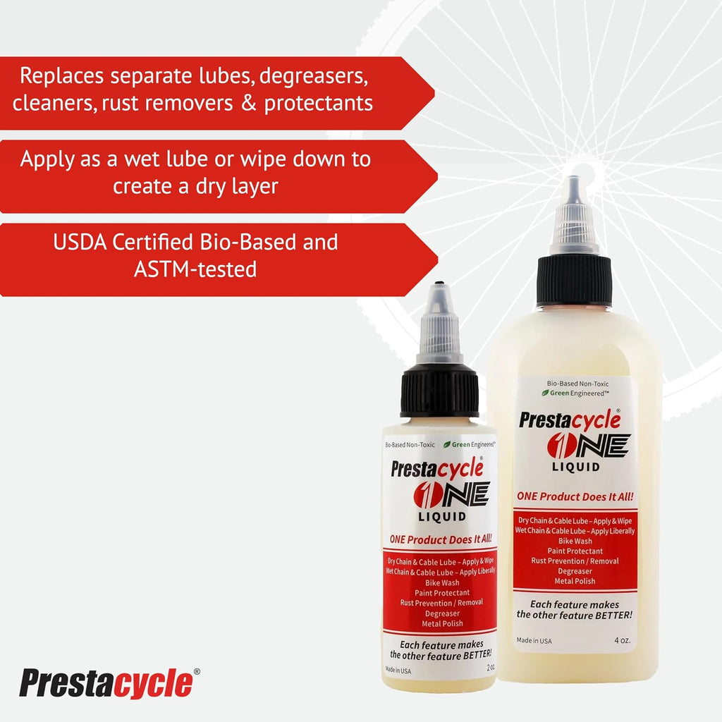 Prestacycle One Liquid, Bike Chain Lubricant and Cleaner, All-in-One Bicycle Lube, Degreaser, Paint Protectant, Metal Polish & Rust Remover, Without Alcohol or Petroleum
