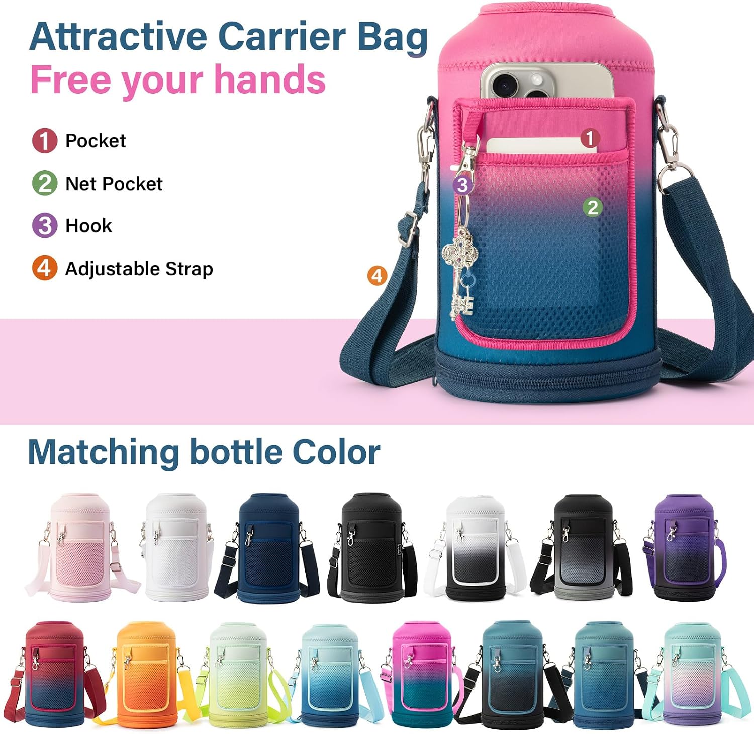 DYSANKY Insulated Water Bottle w/Straw Lid & Portable Carrier Bag, 64oz