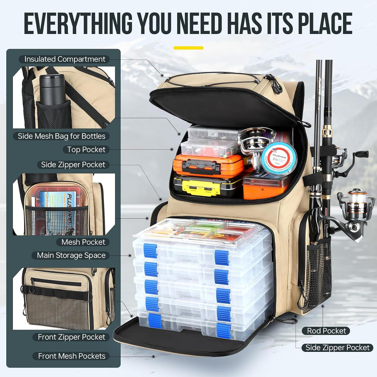 PLUSINNO Cooler Fishing Backpack with Rod Holders 45L Large Water-resistant Fishing Tackle bag Store Fishing Gear Fishing Gifts for Men Father