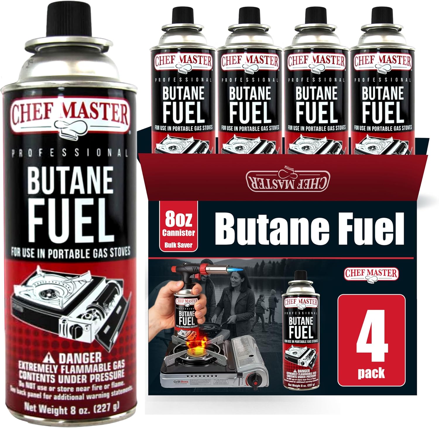 Chef Master Butane Fuel Canister, Camp Stove & Torch Refill, 8 oz, 4-Pack