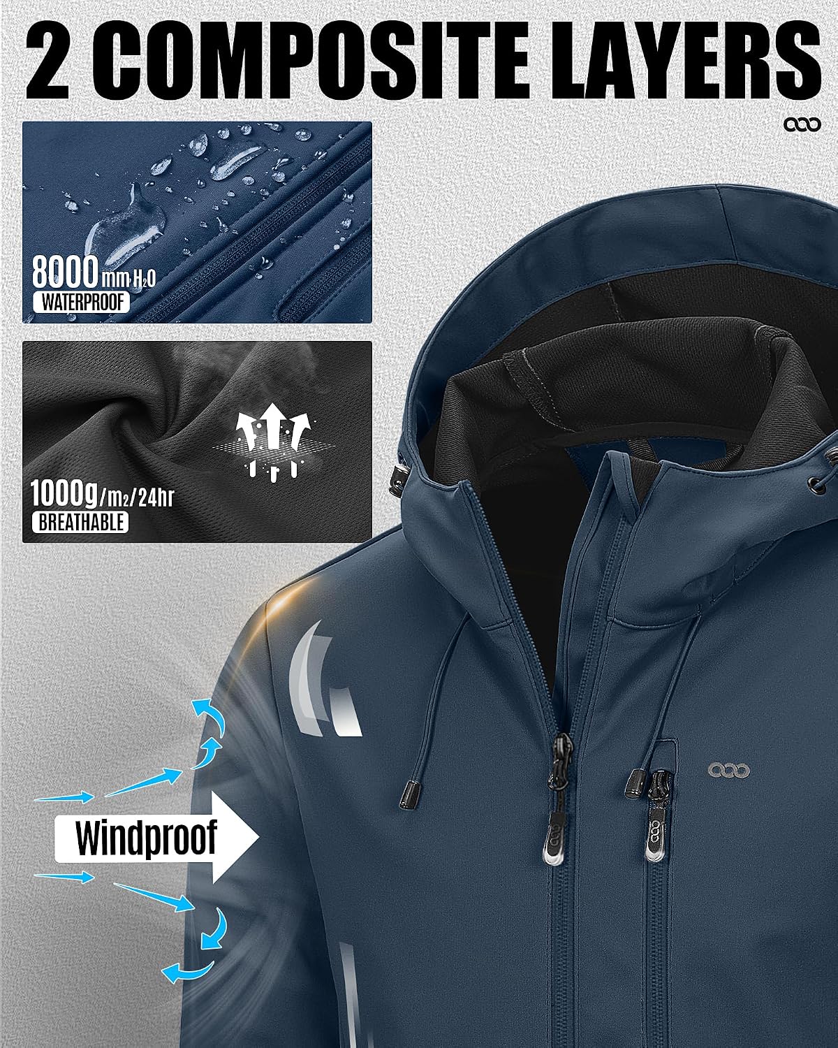 33,000ft Men's Softshell Jacket Hooded Waterproof Windbreaker Rain Jacket