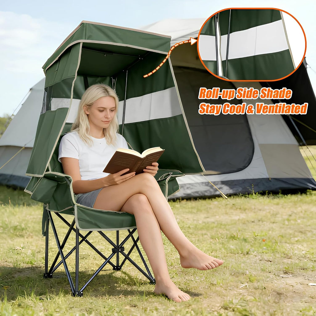 Camping Chair with Canopy Shade Heavy Duty Folding Chair with Umbrella Cup Holder Oversized Beach Chairs with Canopy for Adults Portable Padded Outdoor Lawn Chair for Sports Fishing, 500LBS, Green